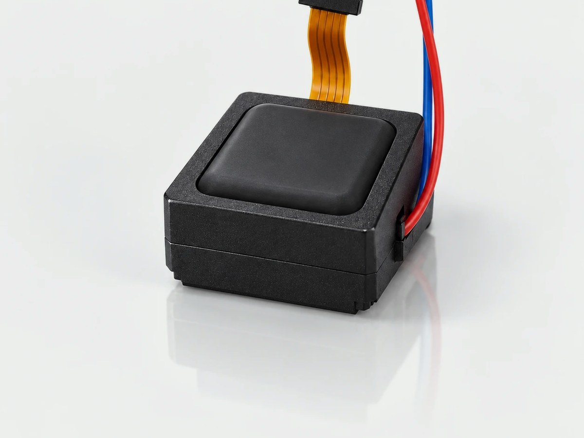 The flat GlowTact pad: a black square sensor with a flex cable and two wires
