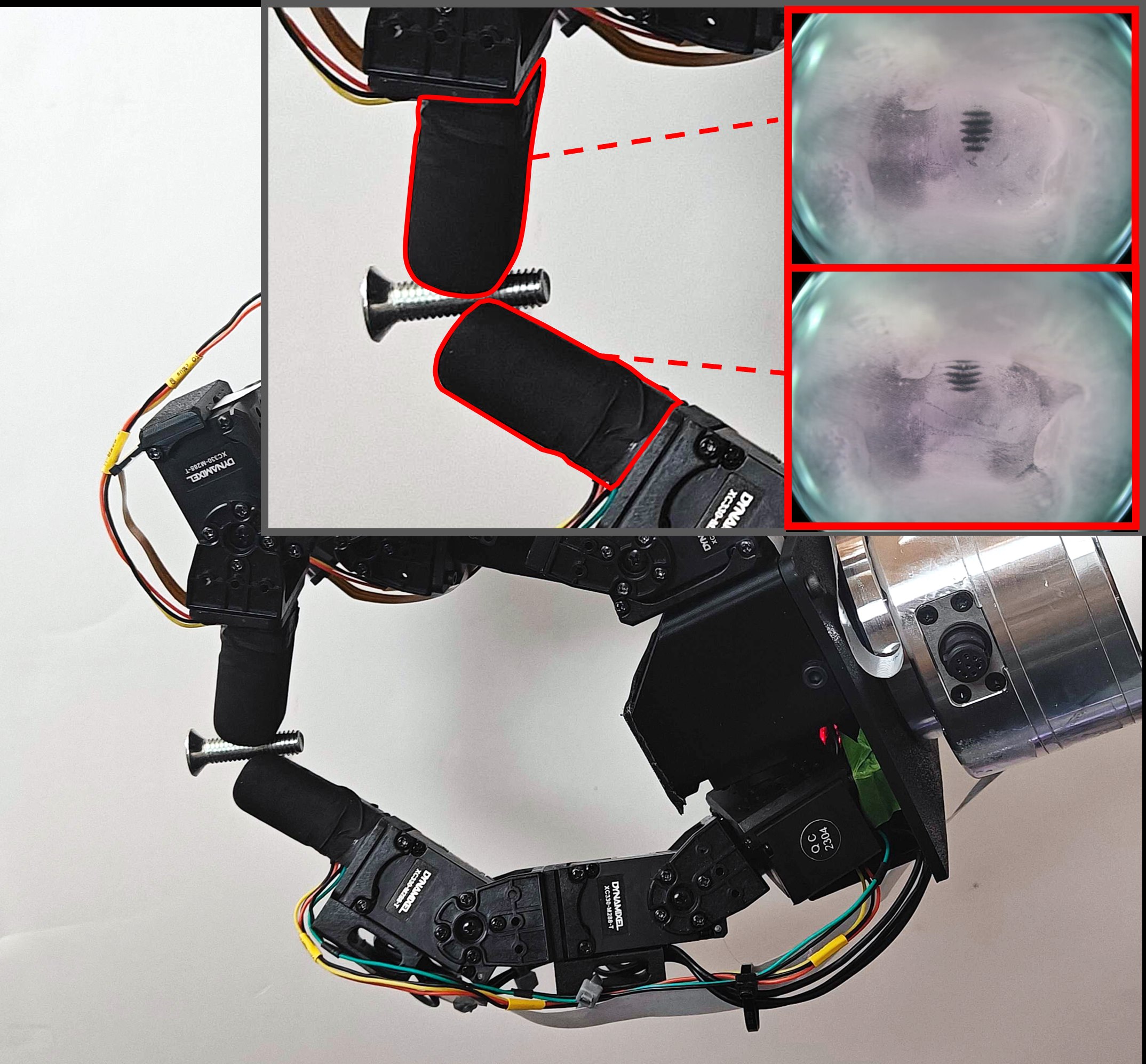 Paper teaser showing robotic hands using black GlowTact fingertips to contact screws, with corresponding tactile camera images