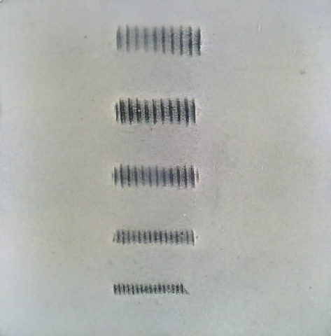 GlowTact tactile image of five set screw threads, M3 down to M1